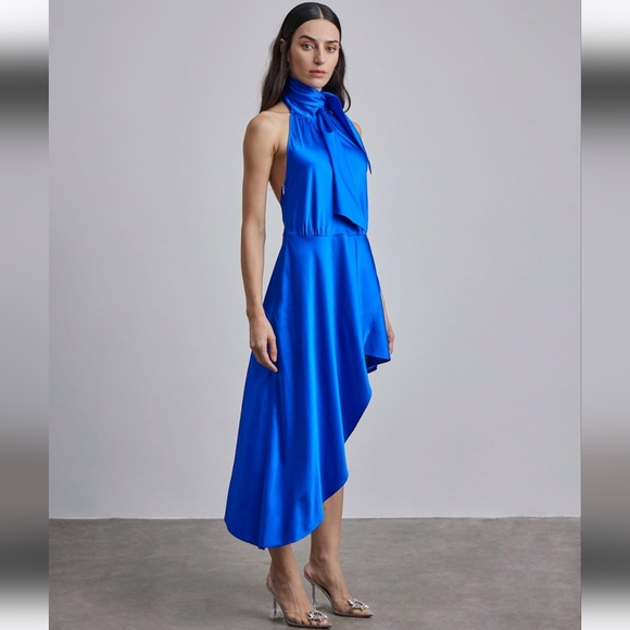 NWT Halter Neck-Tie Hi-Low Silk Midi Dress (Sapphire Blue) - Silk Maison - Picture 3 of 14